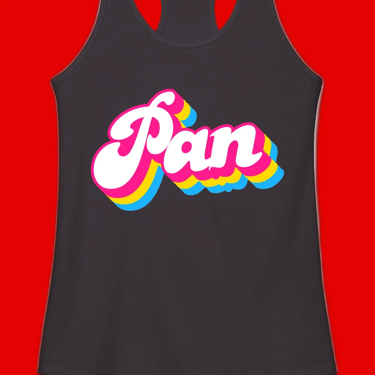Retro pop art design with 'Pam' in bold white lettering outlined in magenta with layered cyan and yellow scalloped shapes