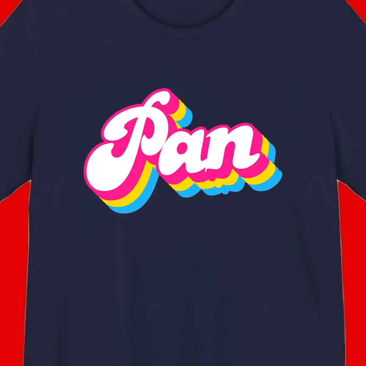 Retro pop art design with 'Pam' in bold white lettering outlined in magenta with layered cyan and yellow scalloped shapes