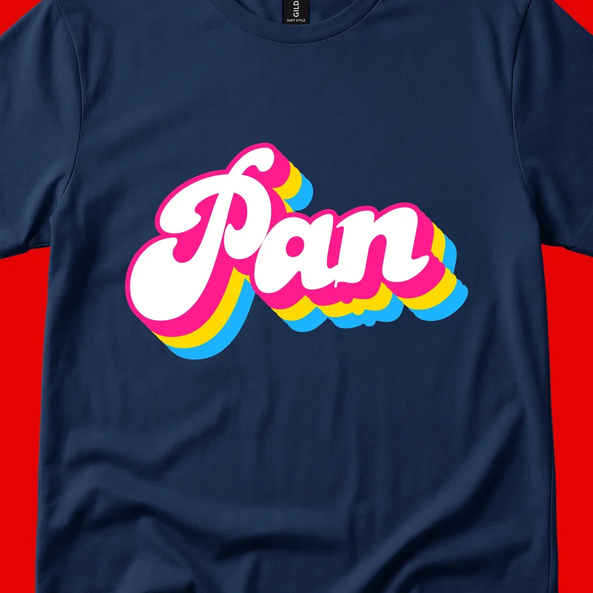 Retro pop art design with 'Pam' in bold white lettering outlined in magenta with layered cyan and yellow scalloped shapes