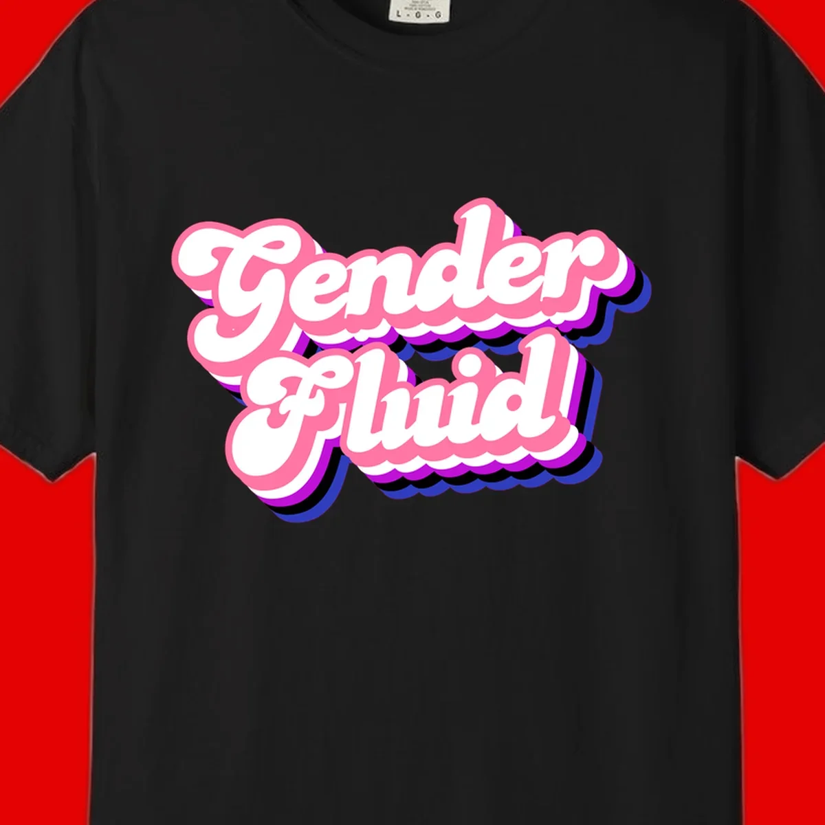 Gender Fluid design featuring bold pink and white text with colorful purple, blue, and black layered shadow effects