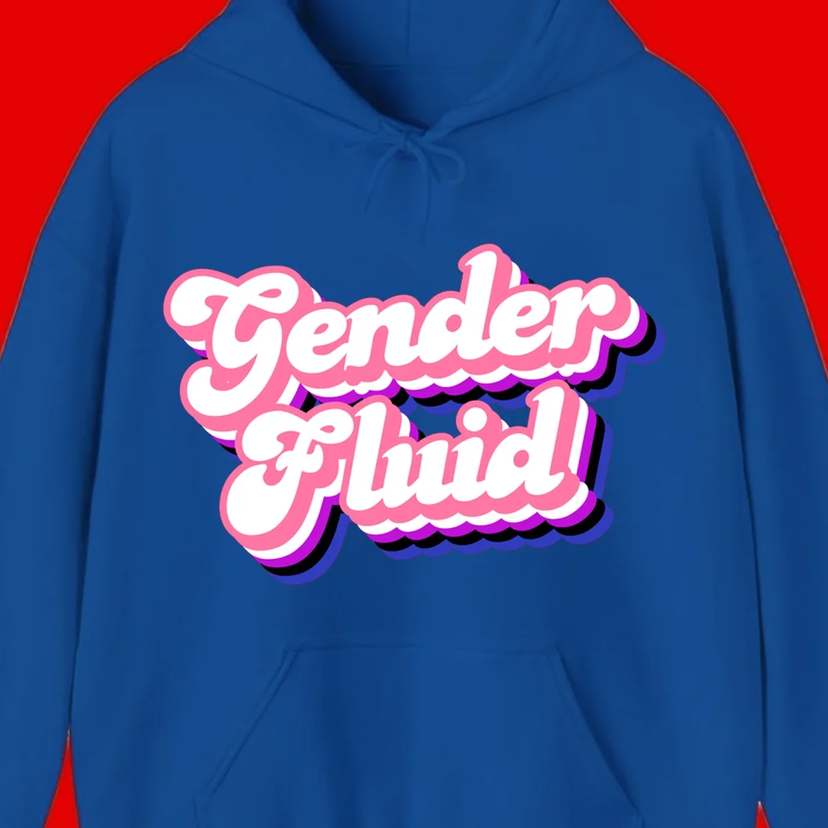 Gender Fluid design featuring bold pink and white text with colorful purple, blue, and black layered shadow effects