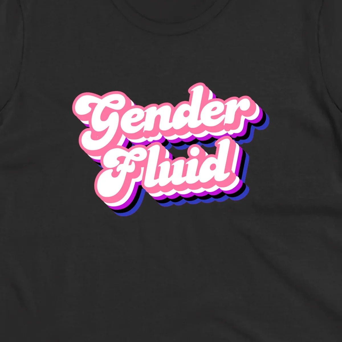 Gender Fluid design featuring bold pink and white text with colorful purple, blue, and black layered shadow effects
