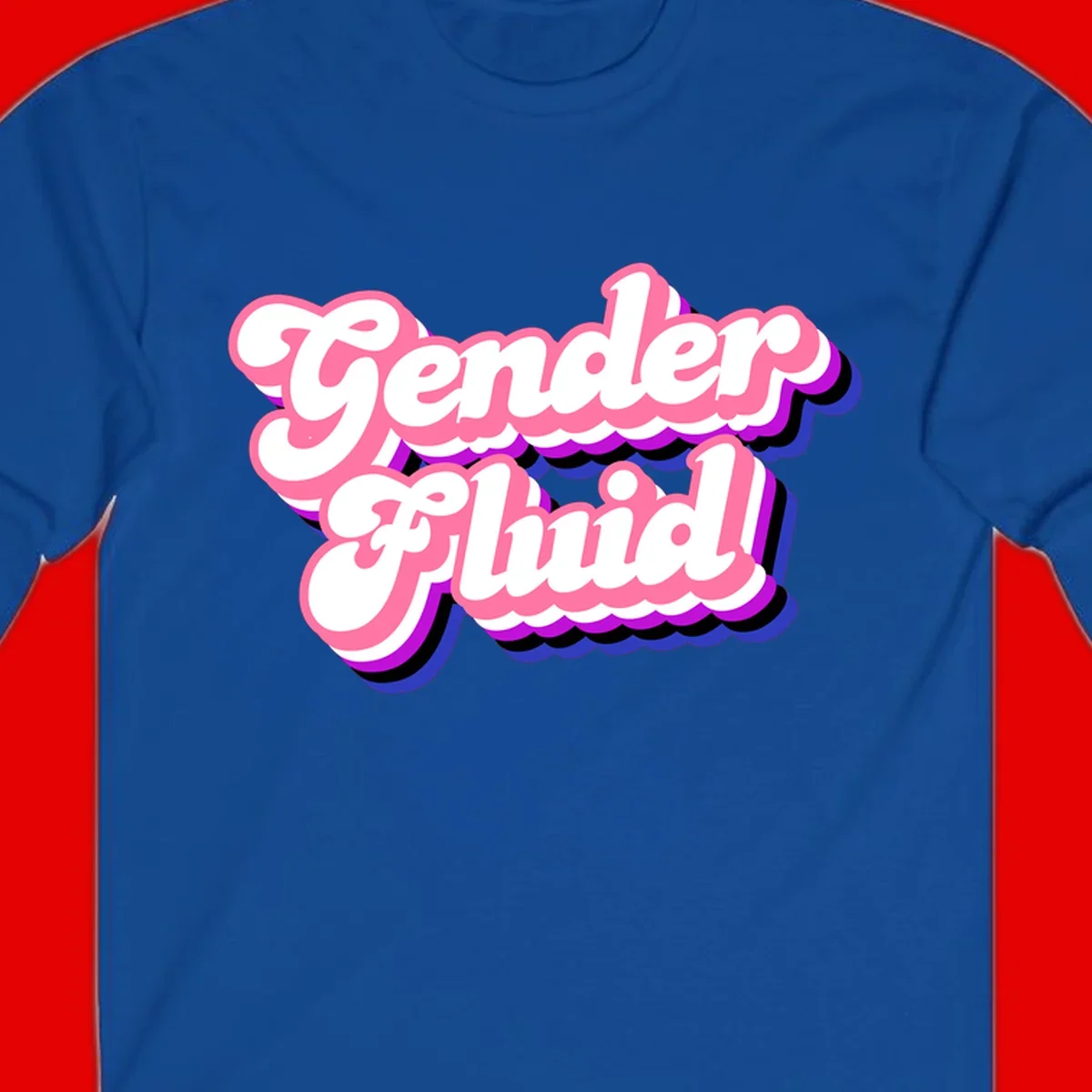 Gender Fluid design featuring bold pink and white text with colorful purple, blue, and black layered shadow effects