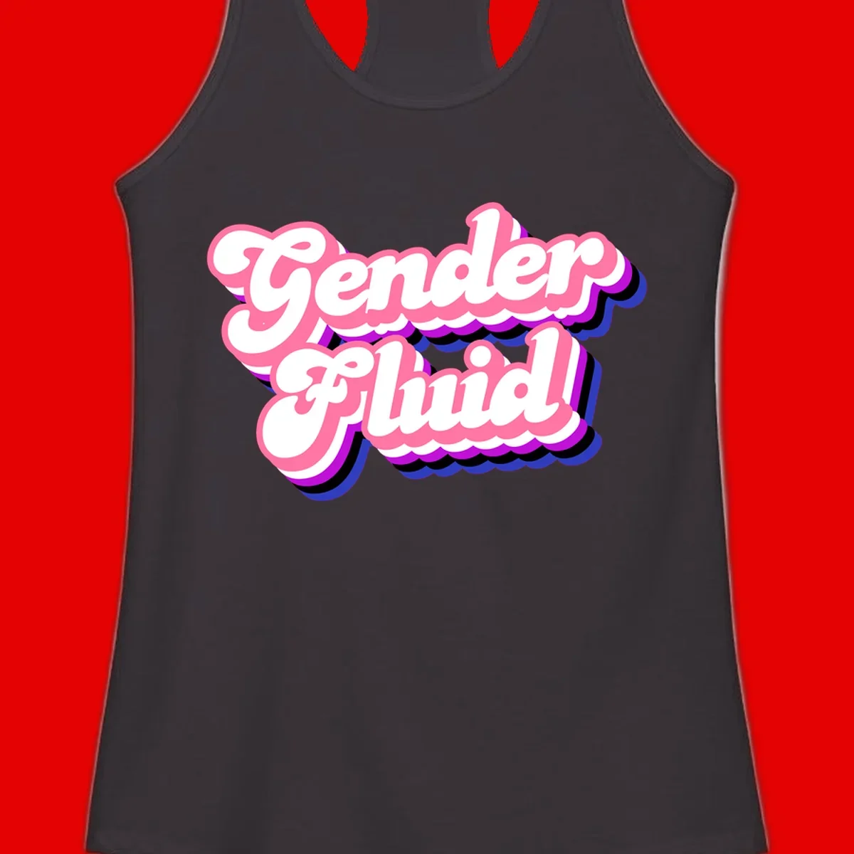Gender Fluid design featuring bold pink and white text with colorful purple, blue, and black layered shadow effects