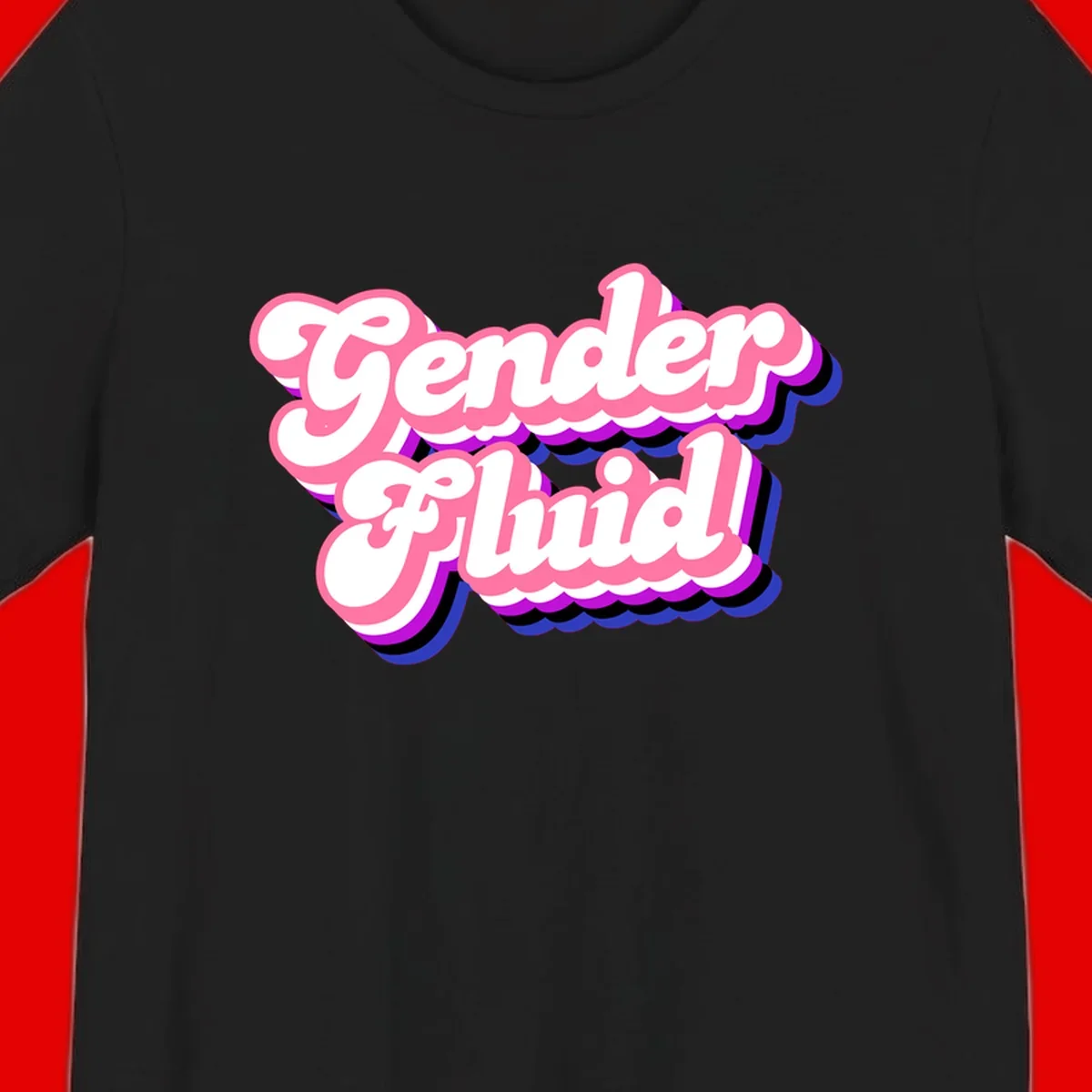 Gender Fluid design featuring bold pink and white text with colorful purple, blue, and black layered shadow effects