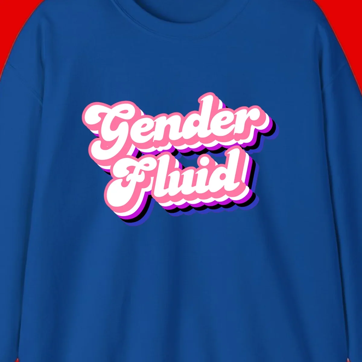 Gender Fluid design featuring bold pink and white text with colorful purple, blue, and black layered shadow effects
