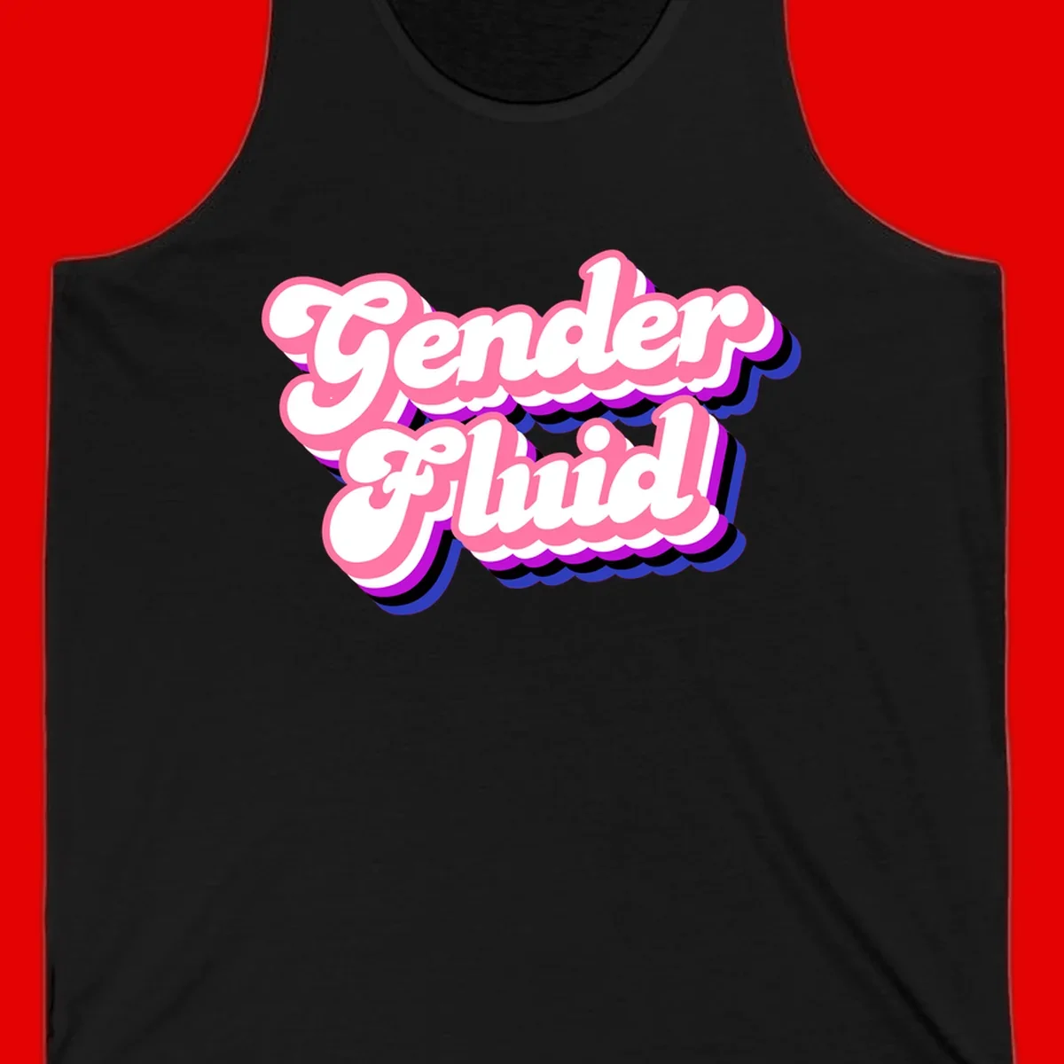 Gender Fluid design featuring bold pink and white text with colorful purple, blue, and black layered shadow effects