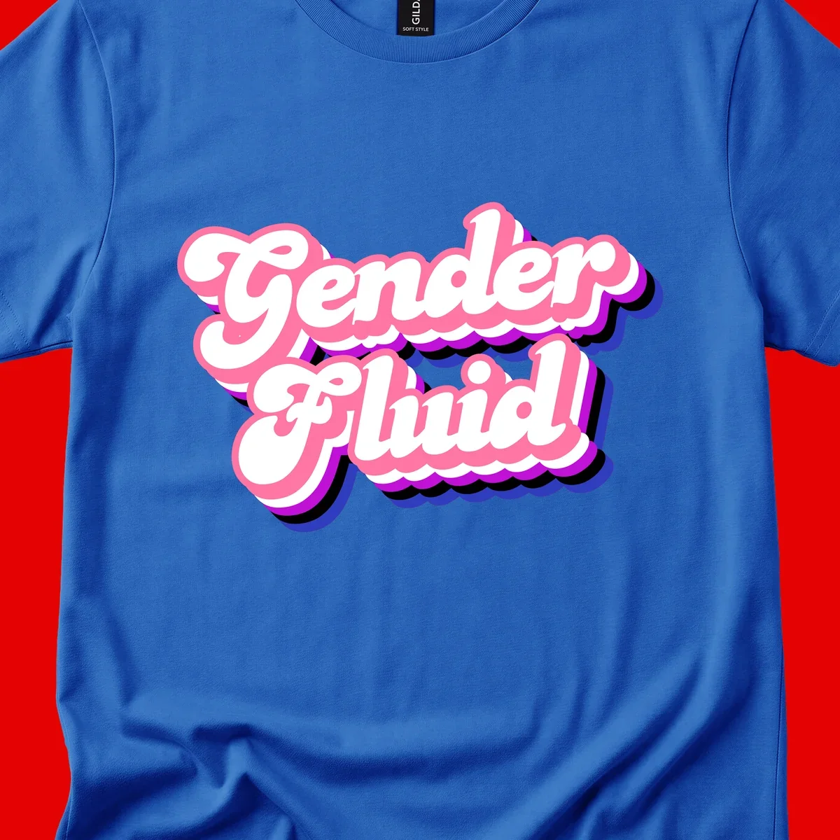 Gender Fluid design featuring bold pink and white text with colorful purple, blue, and black layered shadow effects