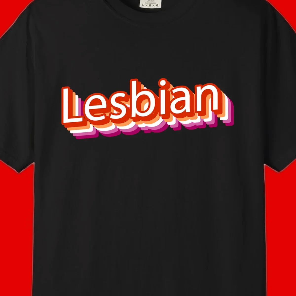 Colorful 3D text reading 'Lesbian' with layered shadow effects in red, orange, white, pink, and purple pride colors