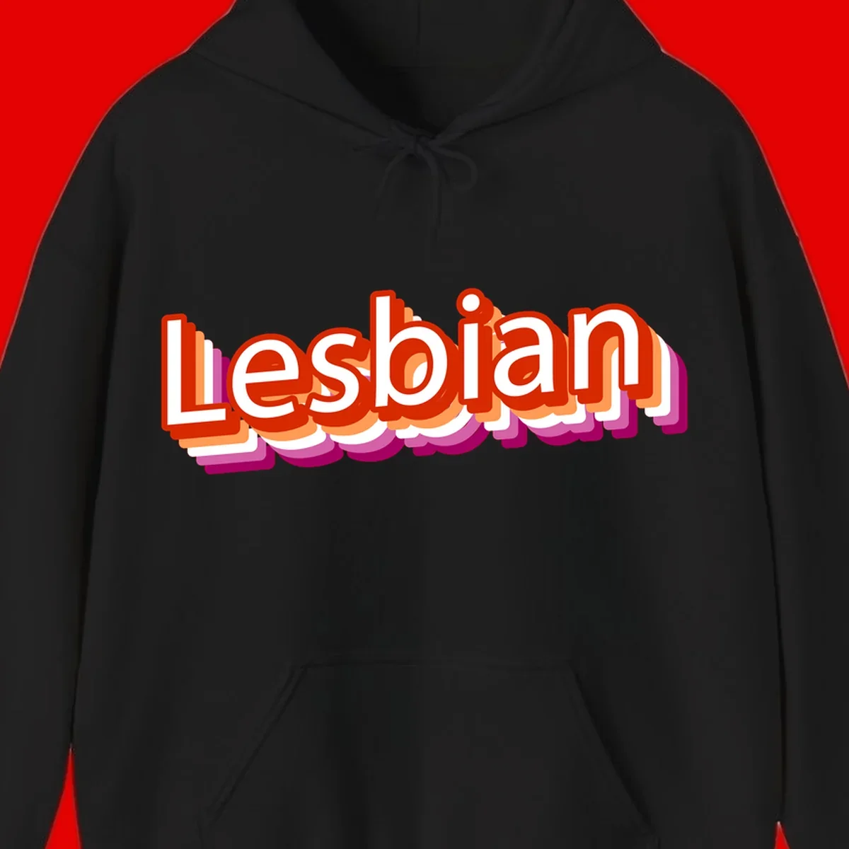 Colorful 3D text reading 'Lesbian' with layered shadow effects in red, orange, white, pink, and purple pride colors