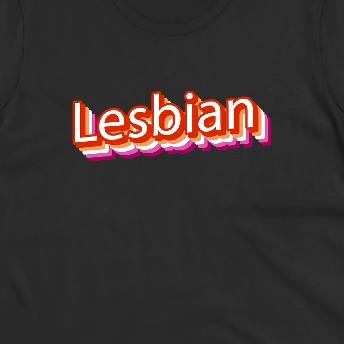 Colorful 3D text reading 'Lesbian' with layered shadow effects in red, orange, white, pink, and purple pride colors