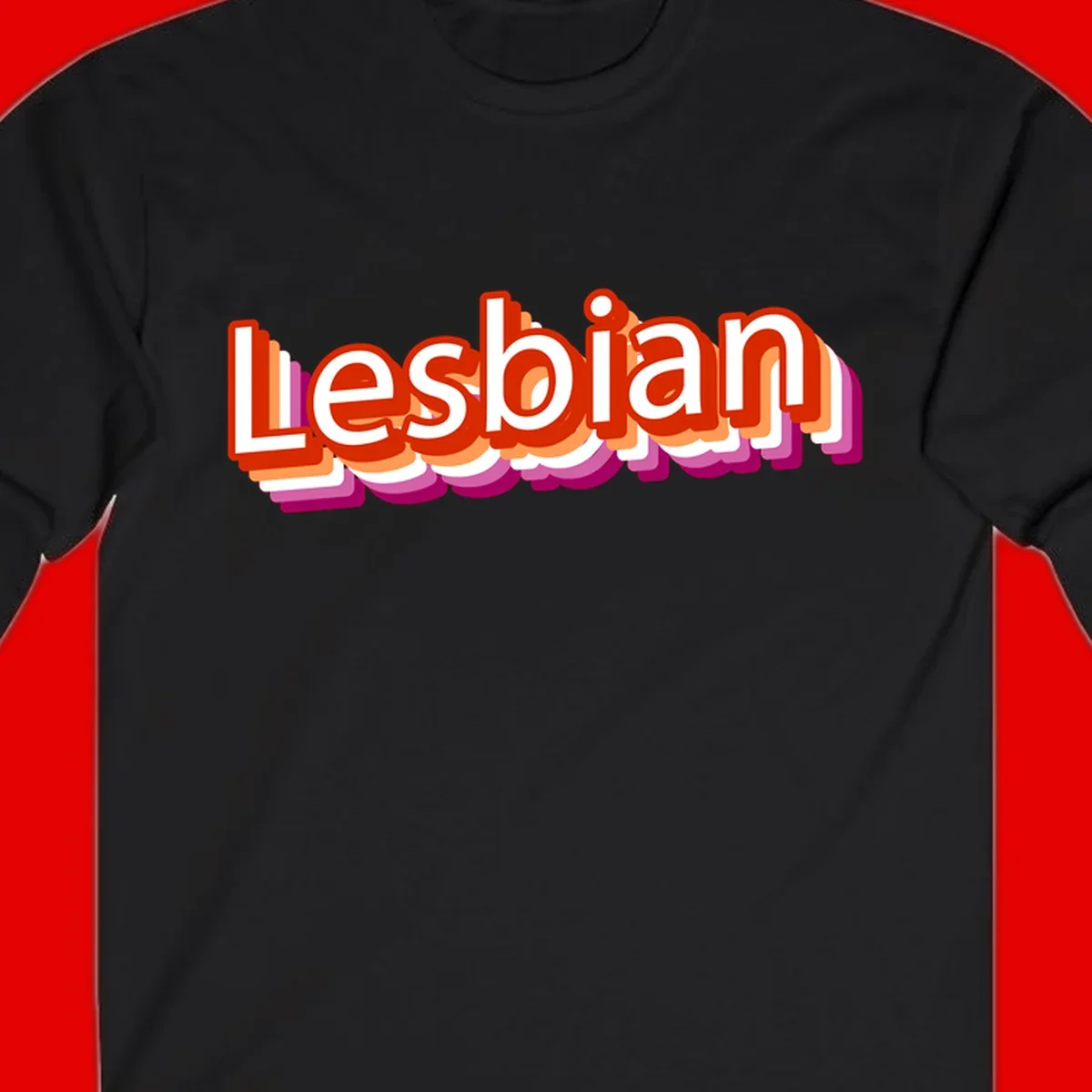 Colorful 3D text reading 'Lesbian' with layered shadow effects in red, orange, white, pink, and purple pride colors
