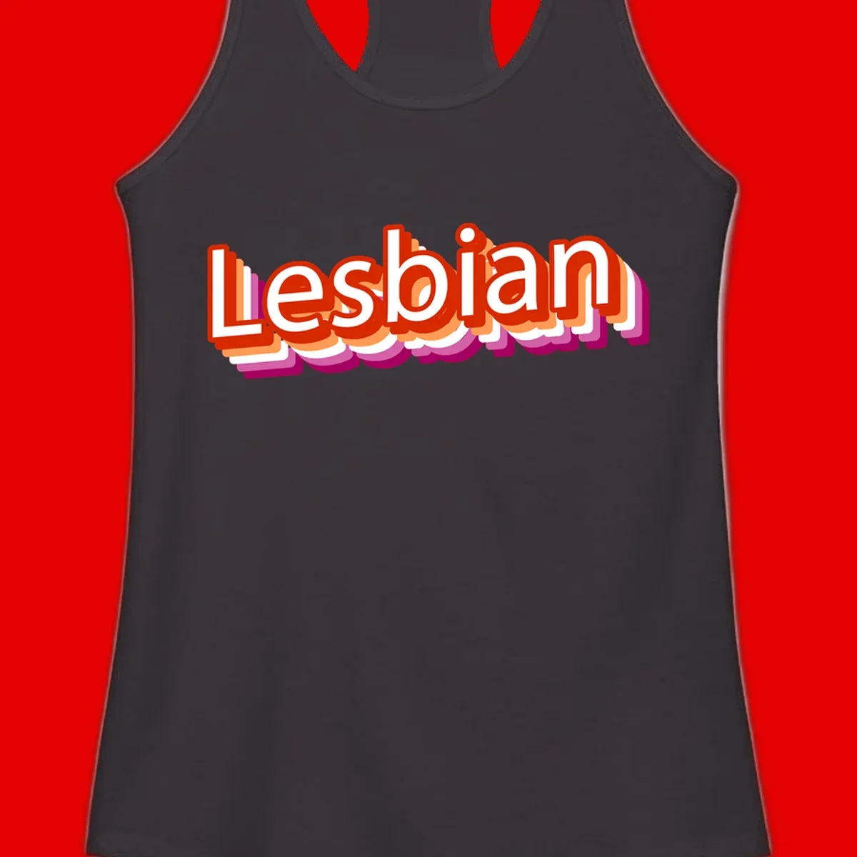 Colorful 3D text reading 'Lesbian' with layered shadow effects in red, orange, white, pink, and purple pride colors