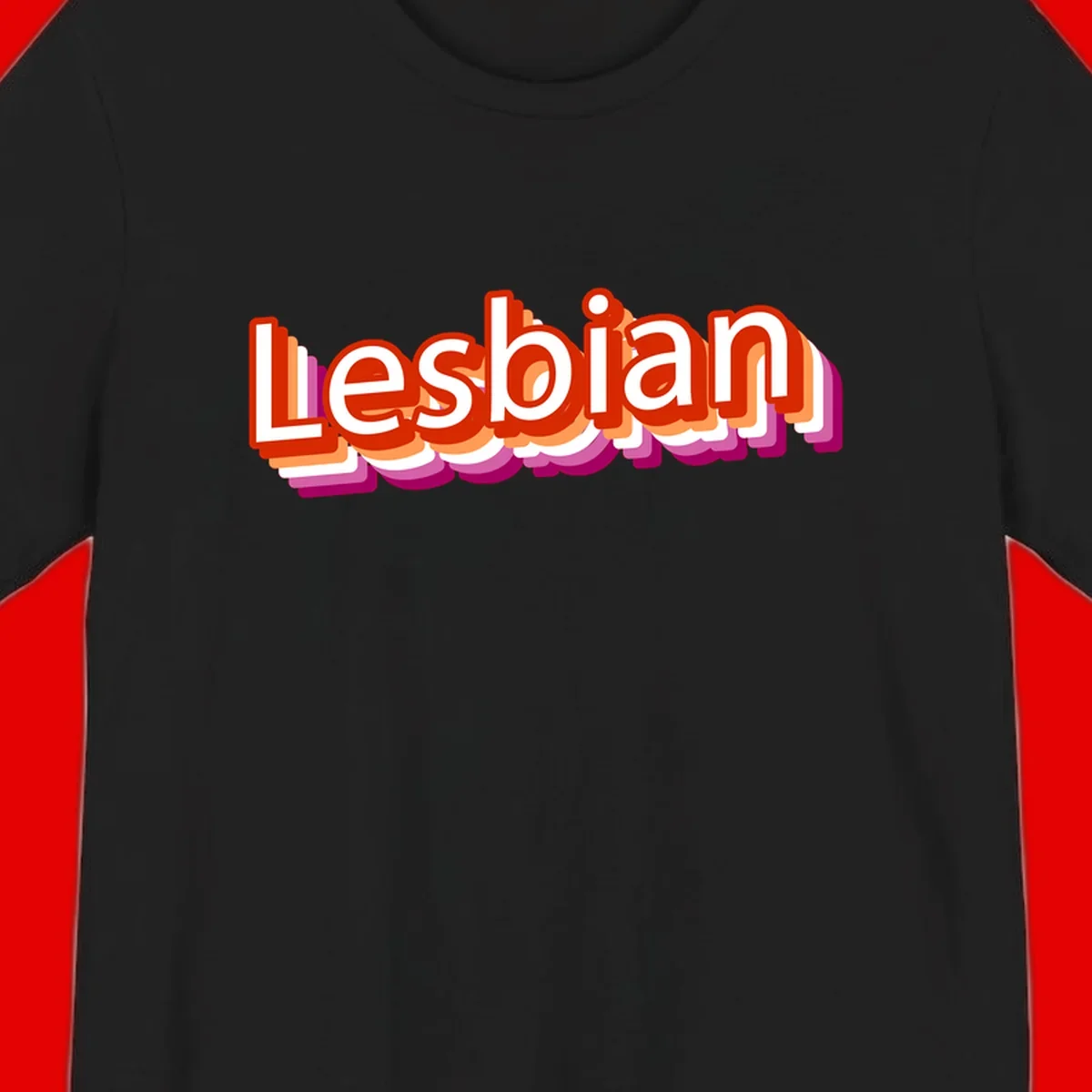 Colorful 3D text reading 'Lesbian' with layered shadow effects in red, orange, white, pink, and purple pride colors