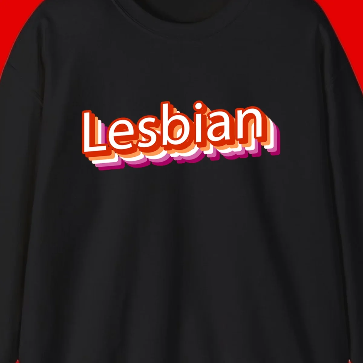 Colorful 3D text reading 'Lesbian' with layered shadow effects in red, orange, white, pink, and purple pride colors