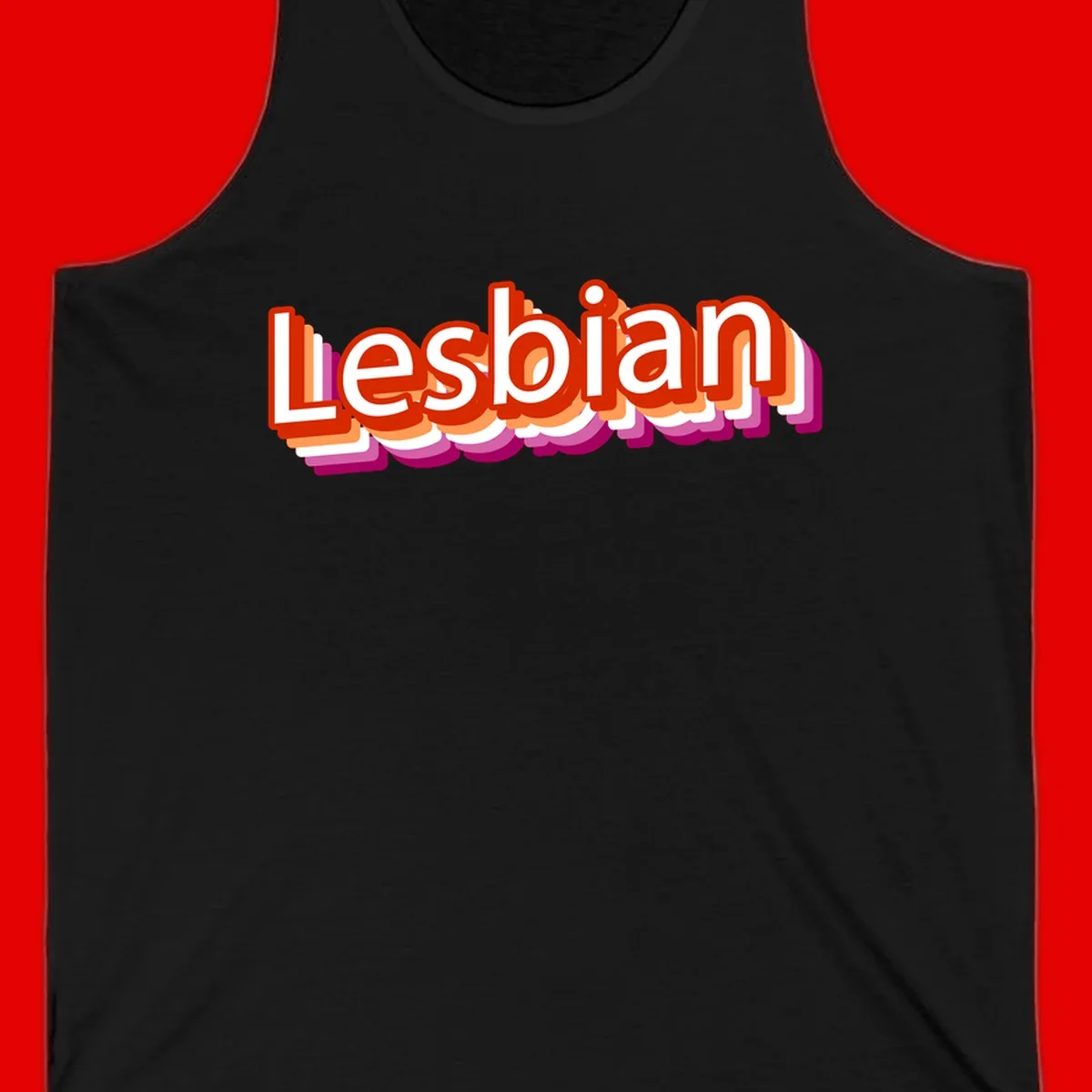 Colorful 3D text reading 'Lesbian' with layered shadow effects in red, orange, white, pink, and purple pride colors