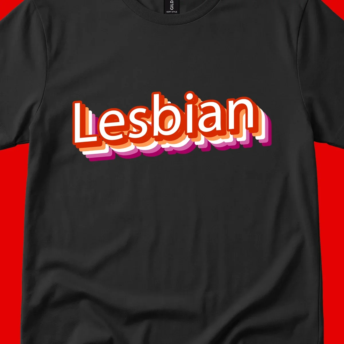 Colorful 3D text reading 'Lesbian' with layered shadow effects in red, orange, white, pink, and purple pride colors