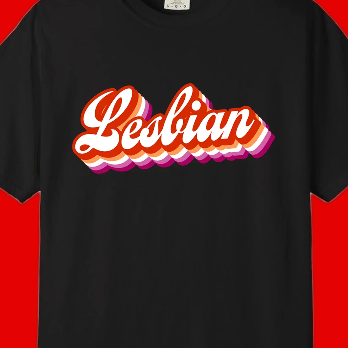 Bold retro 'Lesbian' text with 3D layered scalloped edges in red, orange, magenta, and purple on gray background