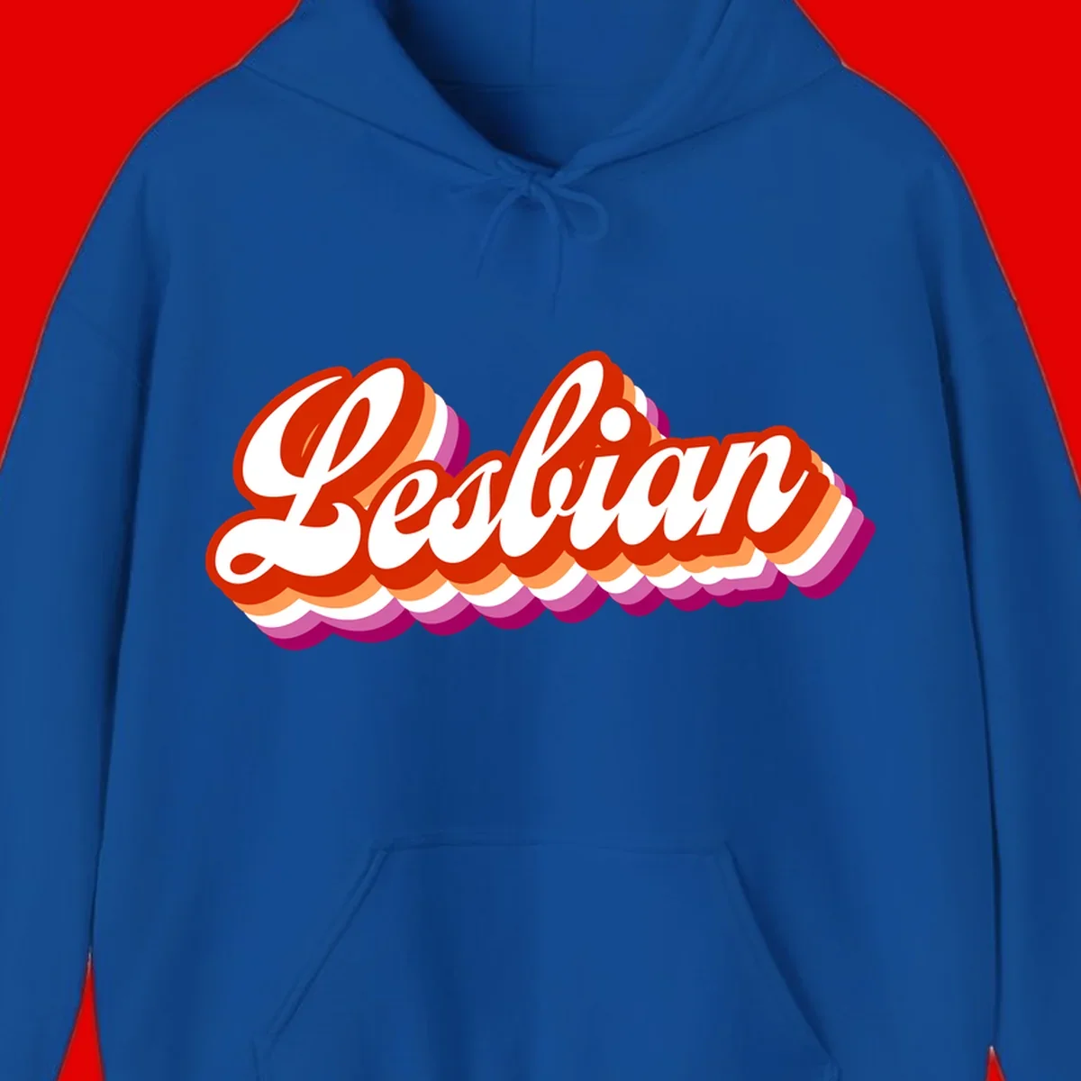 Bold retro 'Lesbian' text with 3D layered scalloped edges in red, orange, magenta, and purple on gray background