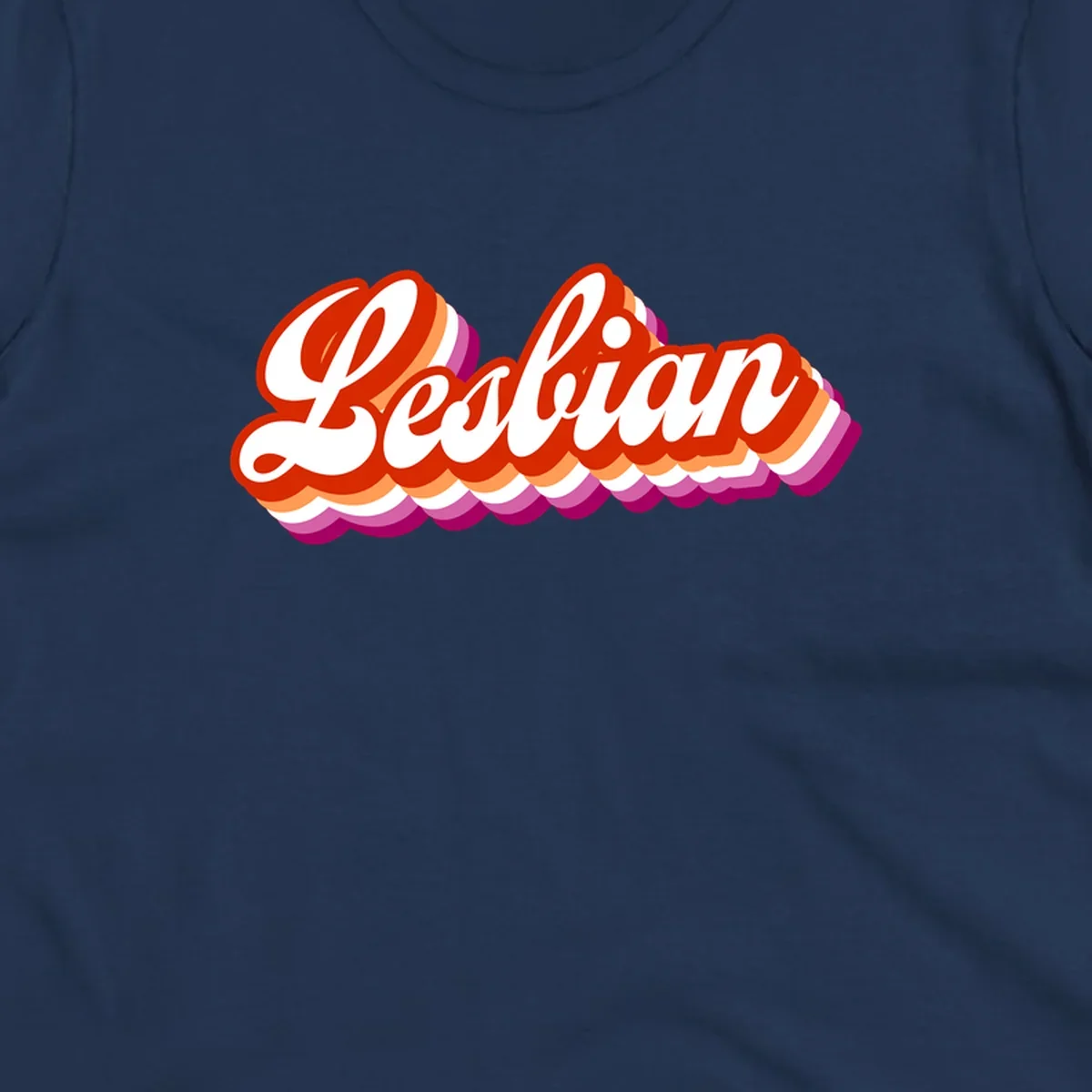 Bold retro 'Lesbian' text with 3D layered scalloped edges in red, orange, magenta, and purple on gray background