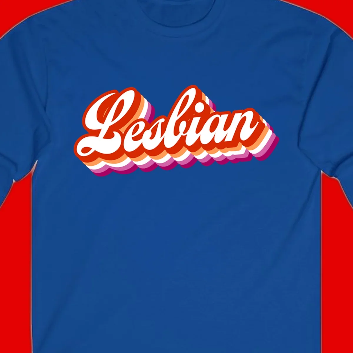 Bold retro 'Lesbian' text with 3D layered scalloped edges in red, orange, magenta, and purple on gray background