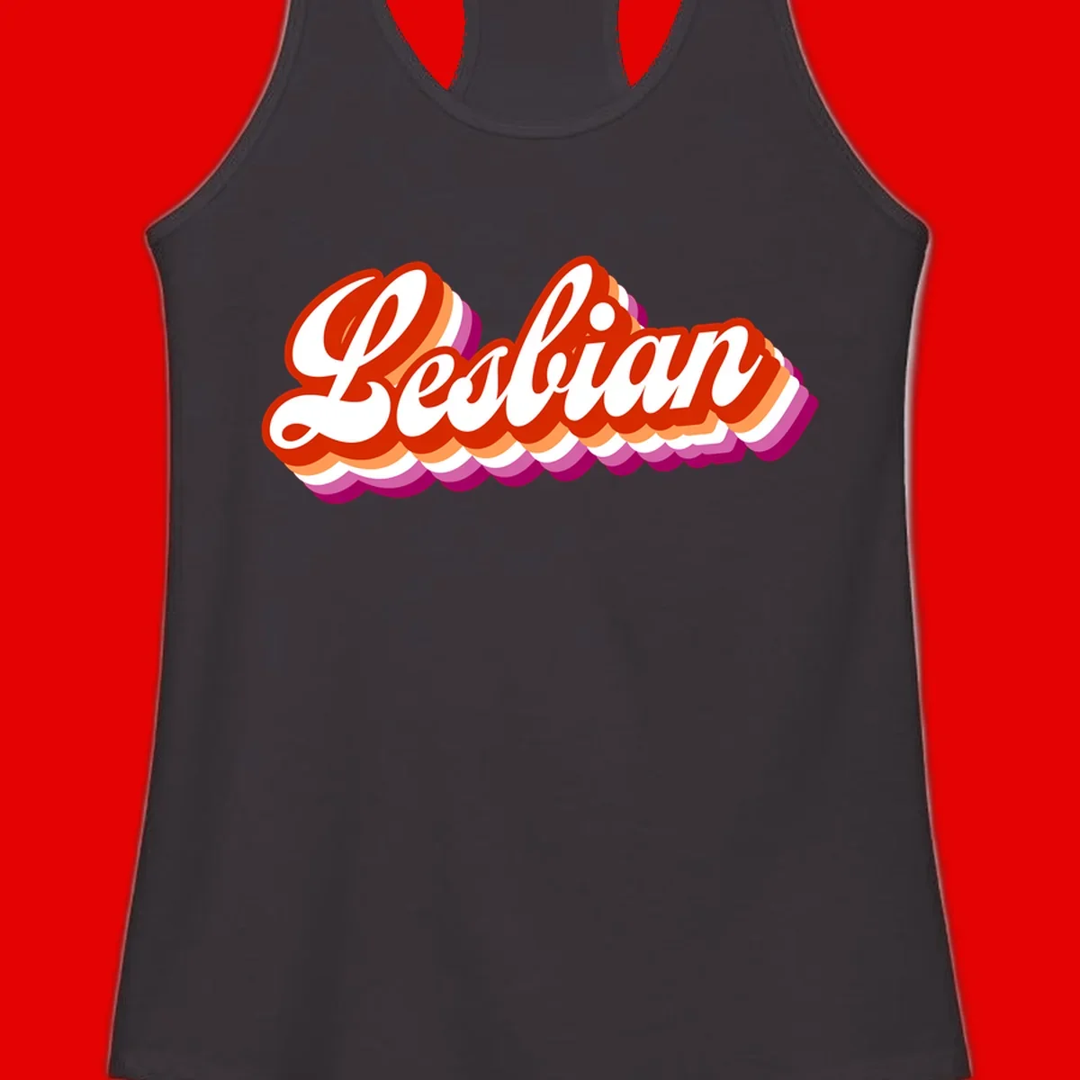 Bold retro 'Lesbian' text with 3D layered scalloped edges in red, orange, magenta, and purple on gray background