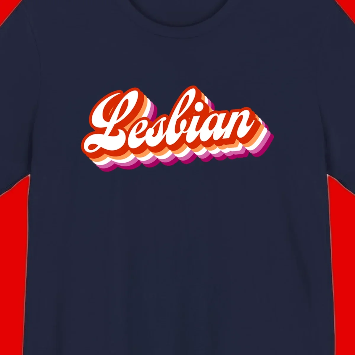 Bold retro 'Lesbian' text with 3D layered scalloped edges in red, orange, magenta, and purple on gray background