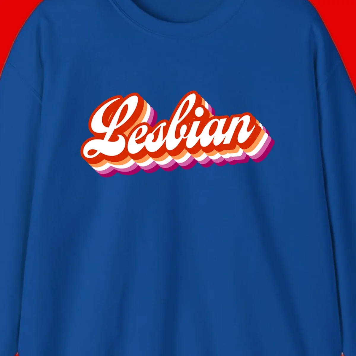 Bold retro 'Lesbian' text with 3D layered scalloped edges in red, orange, magenta, and purple on gray background