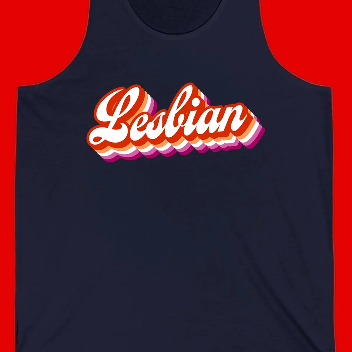 Bold retro 'Lesbian' text with 3D layered scalloped edges in red, orange, magenta, and purple on gray background