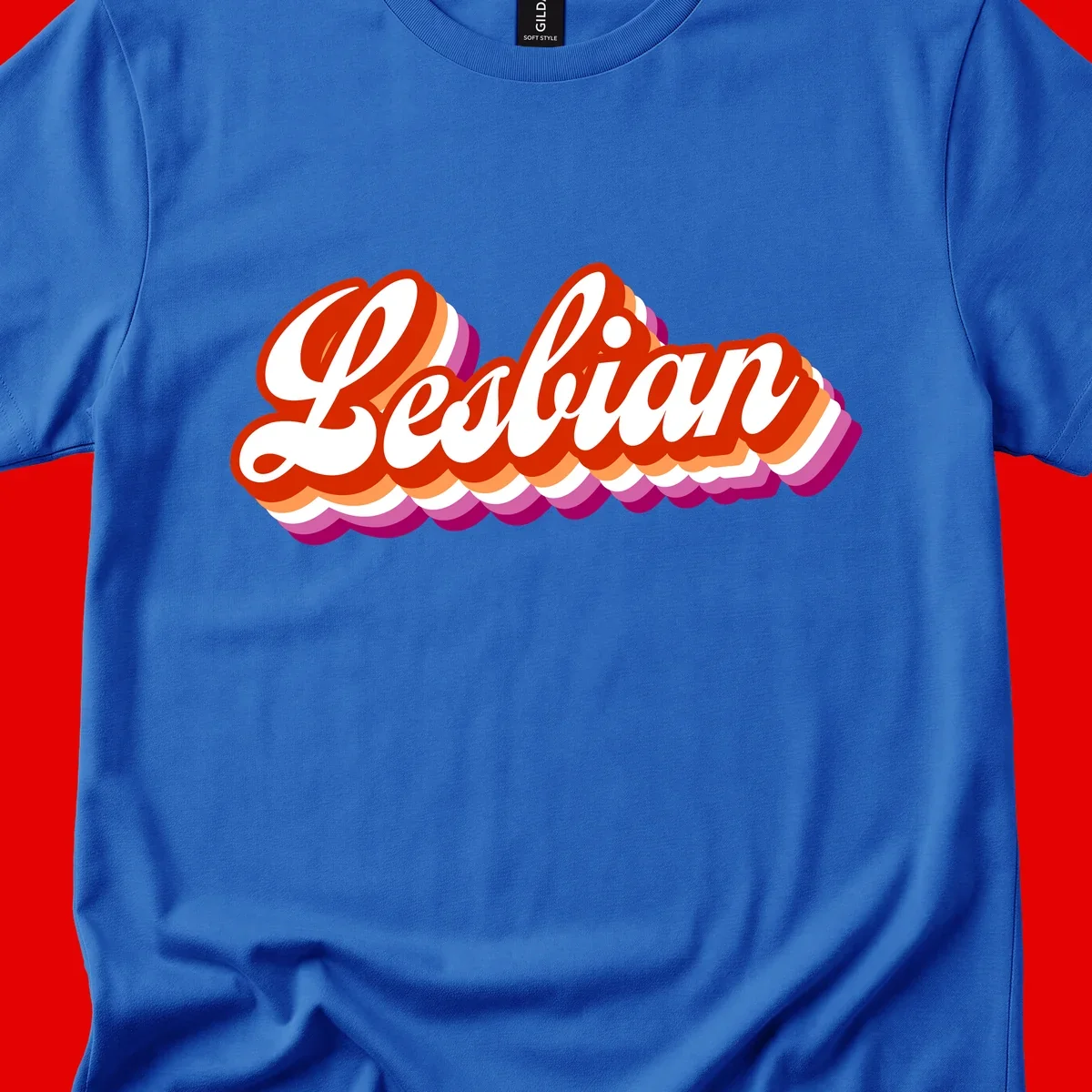 Bold retro 'Lesbian' text with 3D layered scalloped edges in red, orange, magenta, and purple on gray background