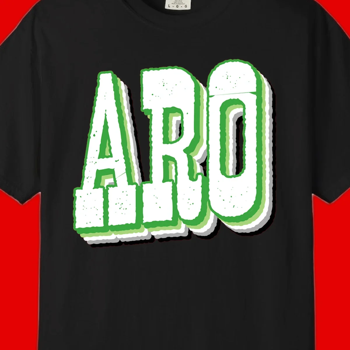 Large 3D block letters spelling ARO in green with textured speckled surface and layered shadow effect