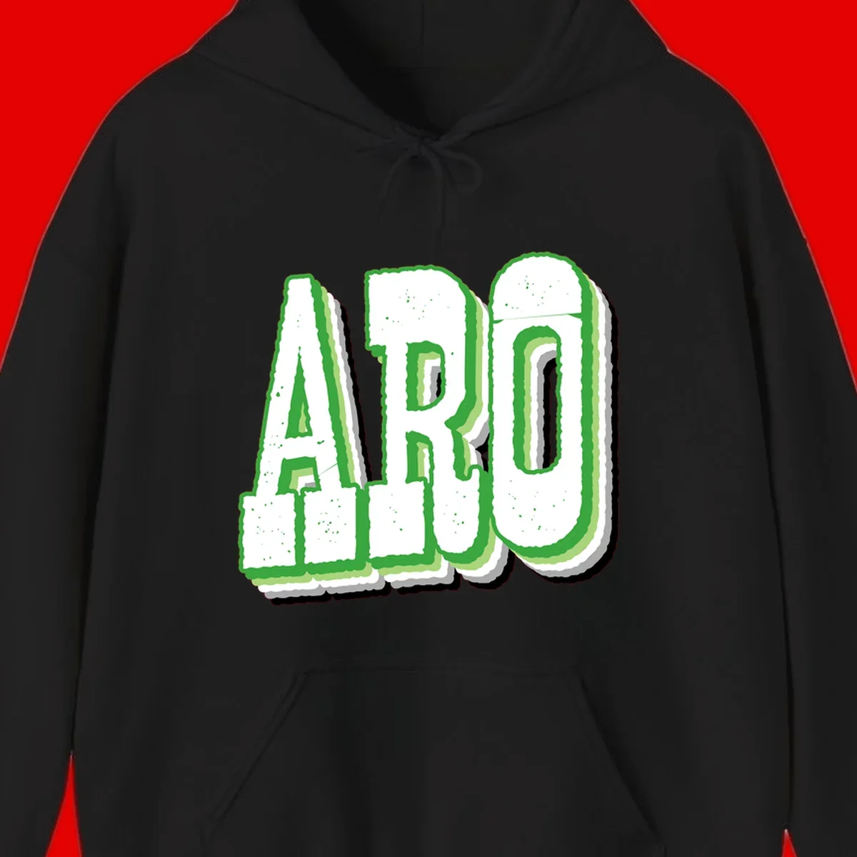 Large 3D block letters spelling ARO in green with textured speckled surface and layered shadow effect