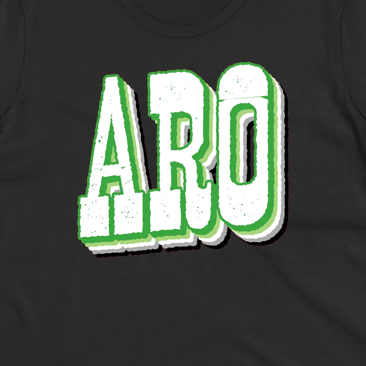 Large 3D block letters spelling ARO in green with textured speckled surface and layered shadow effect