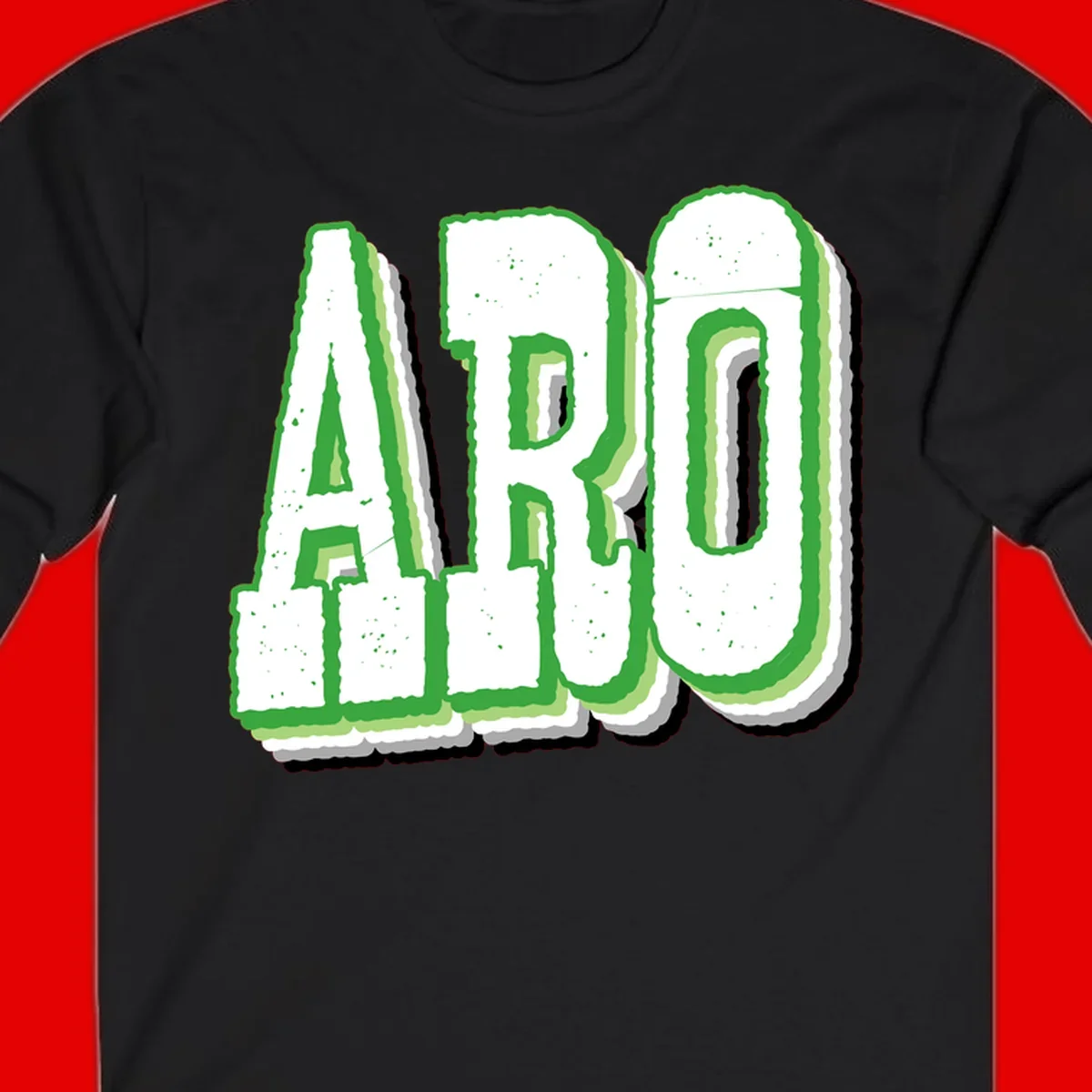 Large 3D block letters spelling ARO in green with textured speckled surface and layered shadow effect
