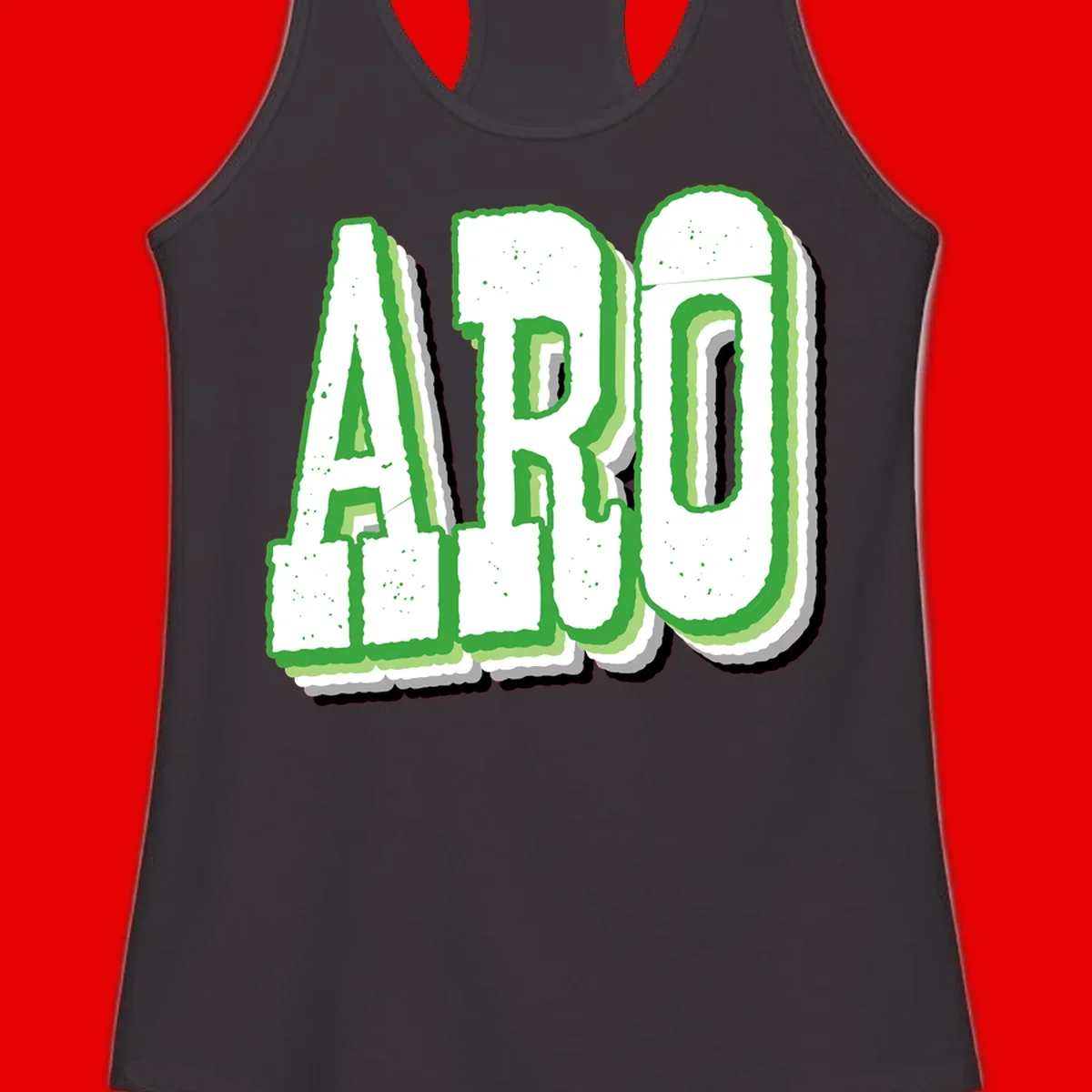 Large 3D block letters spelling ARO in green with textured speckled surface and layered shadow effect