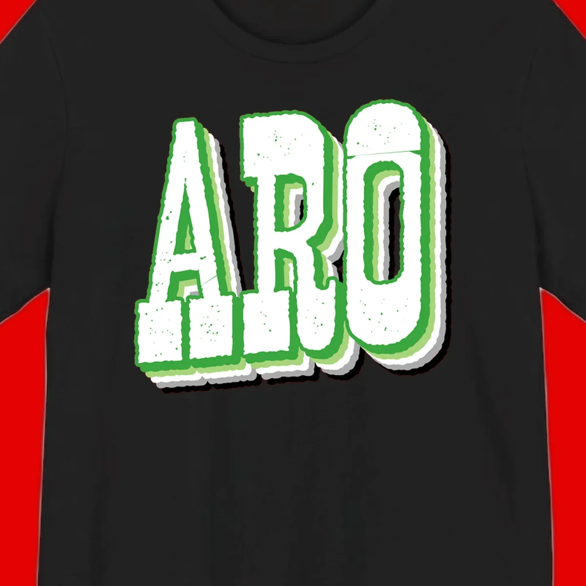 Large 3D block letters spelling ARO in green with textured speckled surface and layered shadow effect
