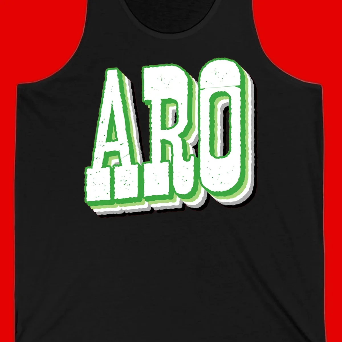 Large 3D block letters spelling ARO in green with textured speckled surface and layered shadow effect