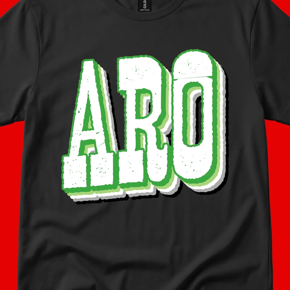Large 3D block letters spelling ARO in green with textured speckled surface and layered shadow effect