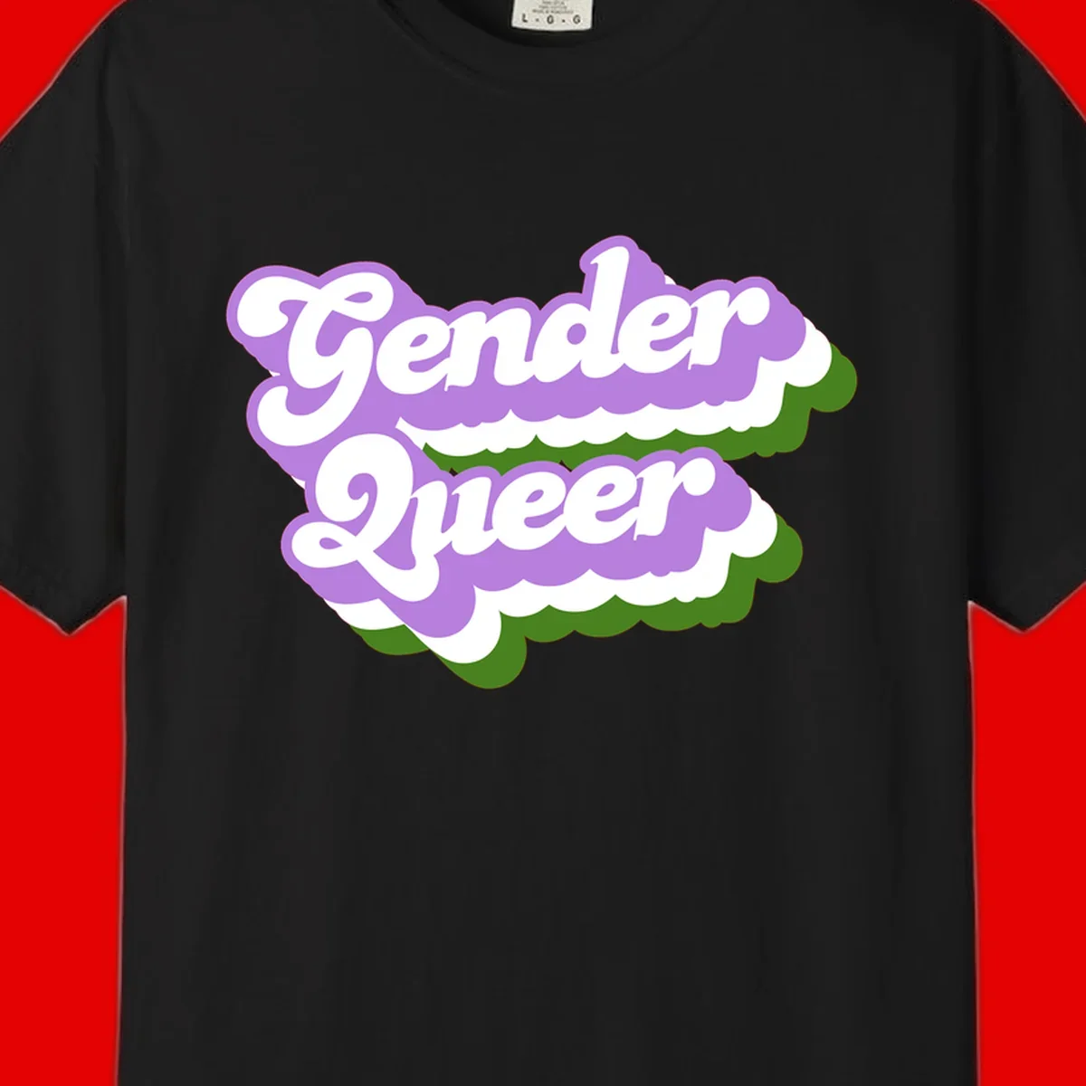 Retro-style gender queer pride design with white text and purple-green scalloped shapes