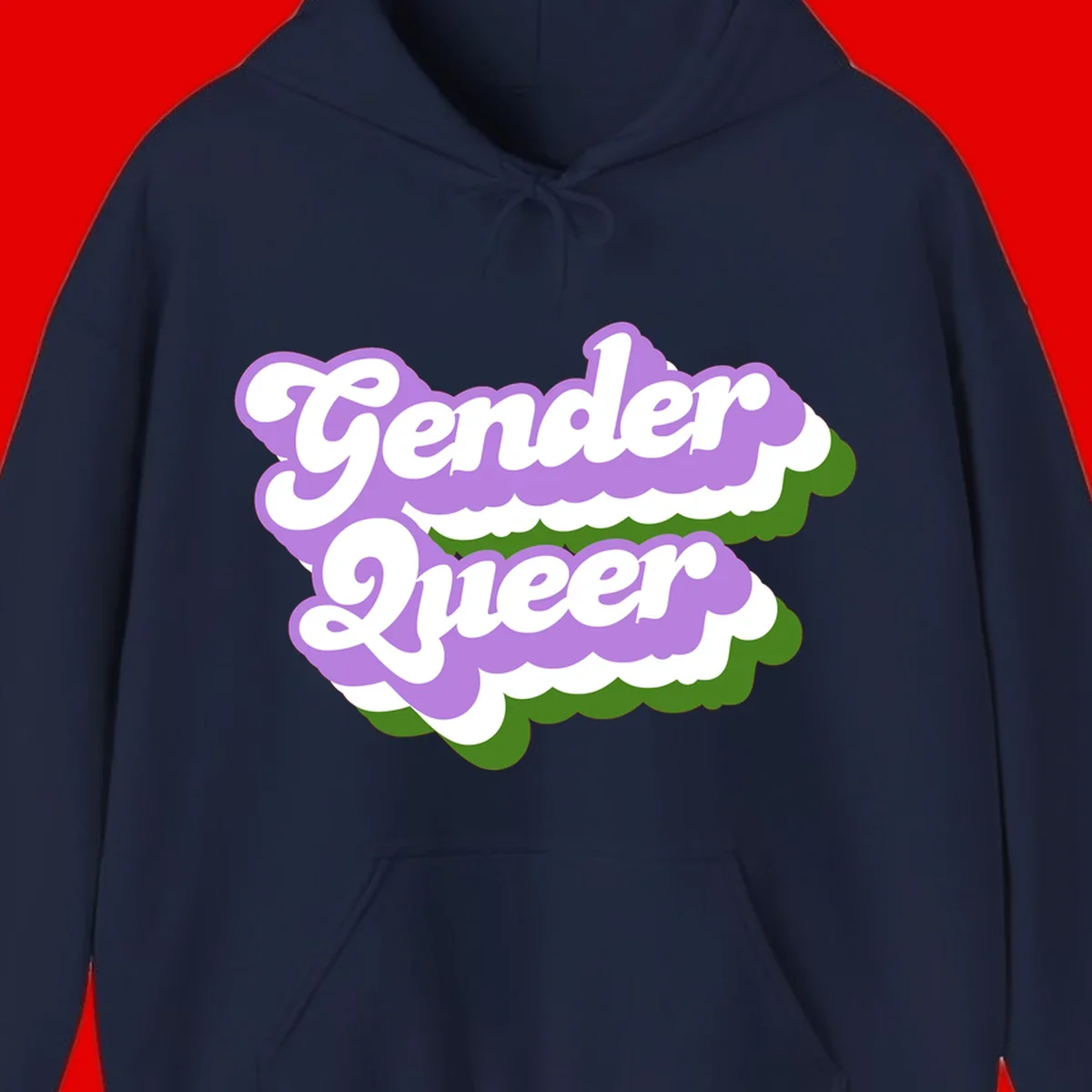 Retro-style gender queer pride design with white text and purple-green scalloped shapes