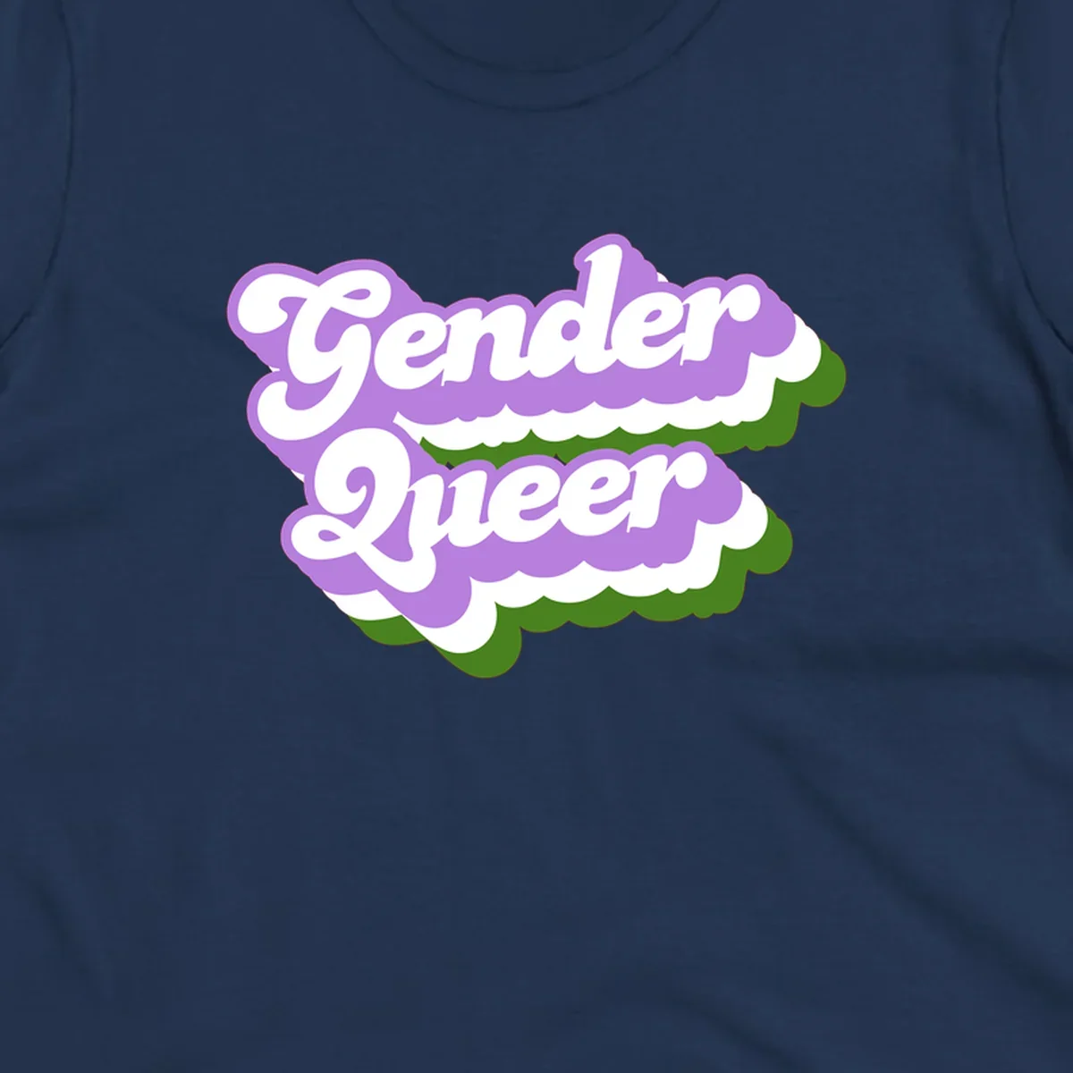 Retro-style gender queer pride design with white text and purple-green scalloped shapes