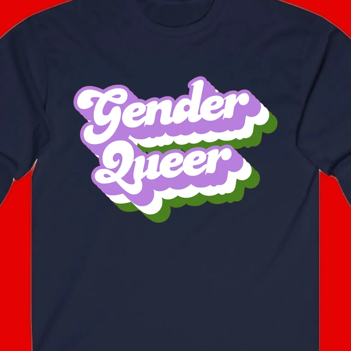 Retro-style gender queer pride design with white text and purple-green scalloped shapes