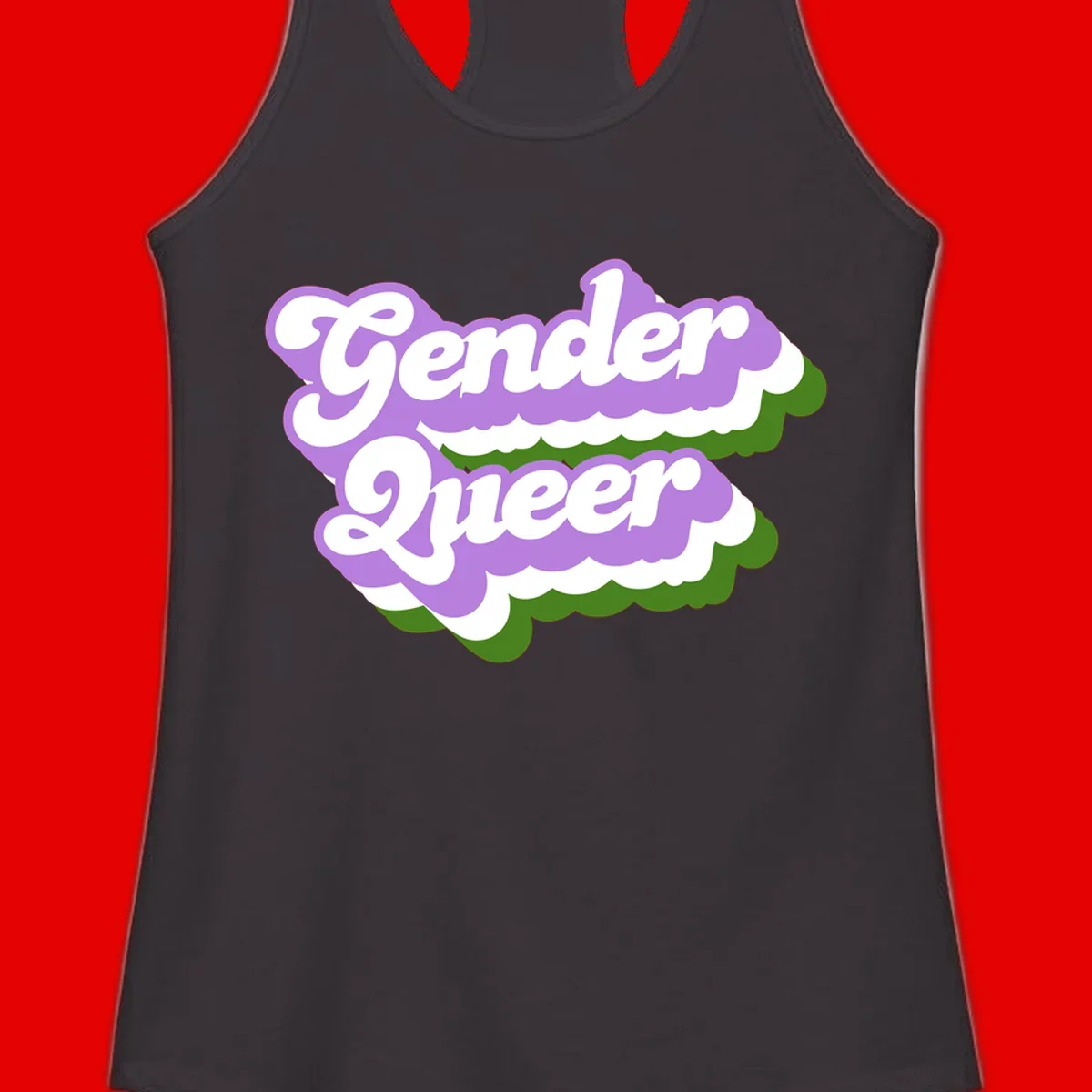 Retro-style gender queer pride design with white text and purple-green scalloped shapes
