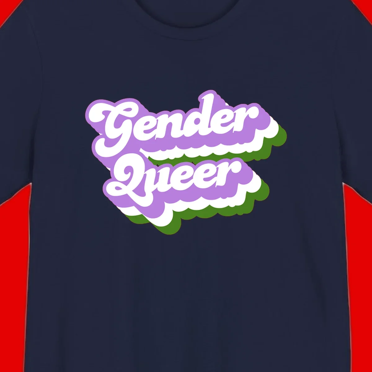 Retro-style gender queer pride design with white text and purple-green scalloped shapes