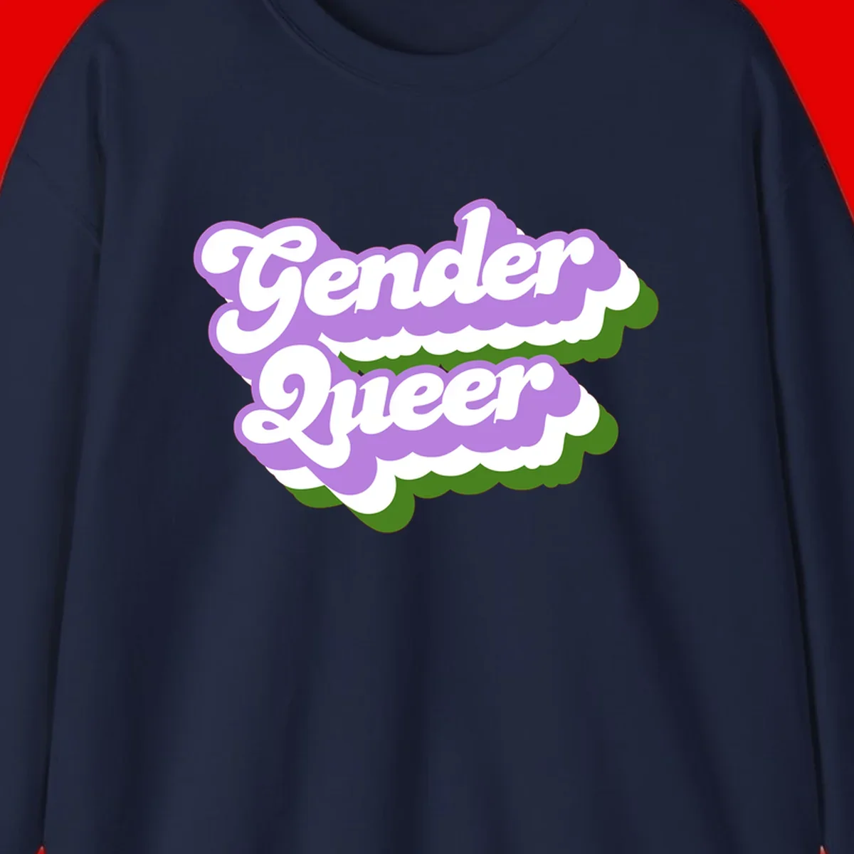 Retro-style gender queer pride design with white text and purple-green scalloped shapes
