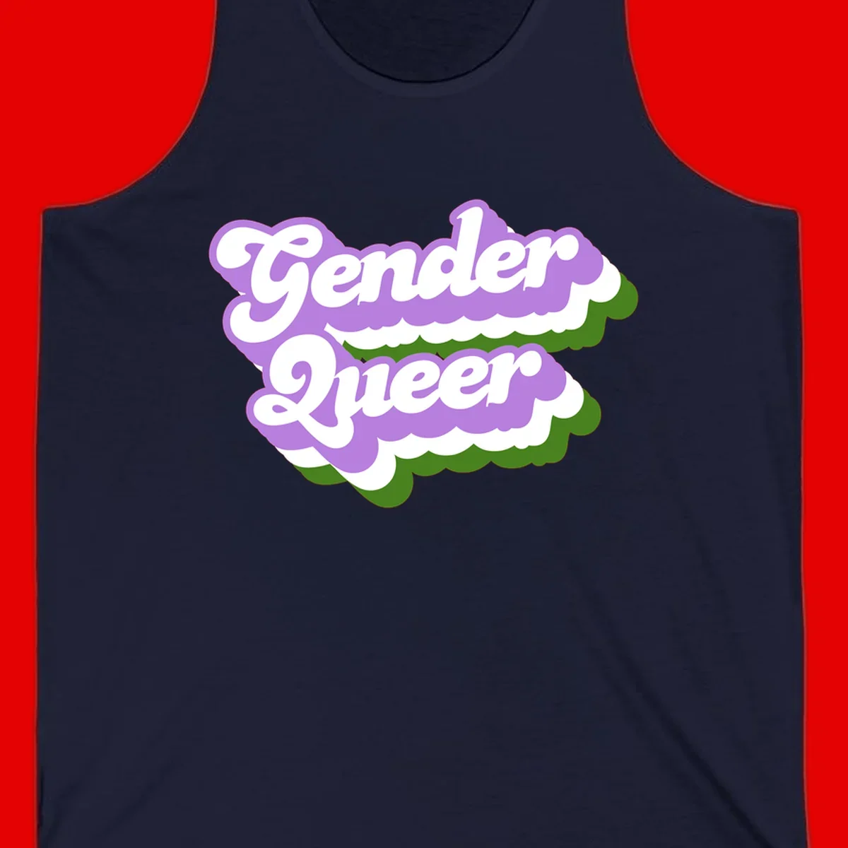 Retro-style gender queer pride design with white text and purple-green scalloped shapes
