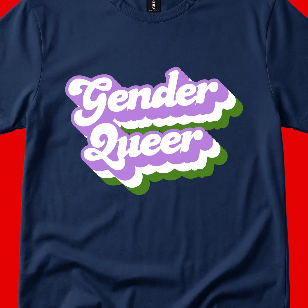 Retro-style gender queer pride design with white text and purple-green scalloped shapes