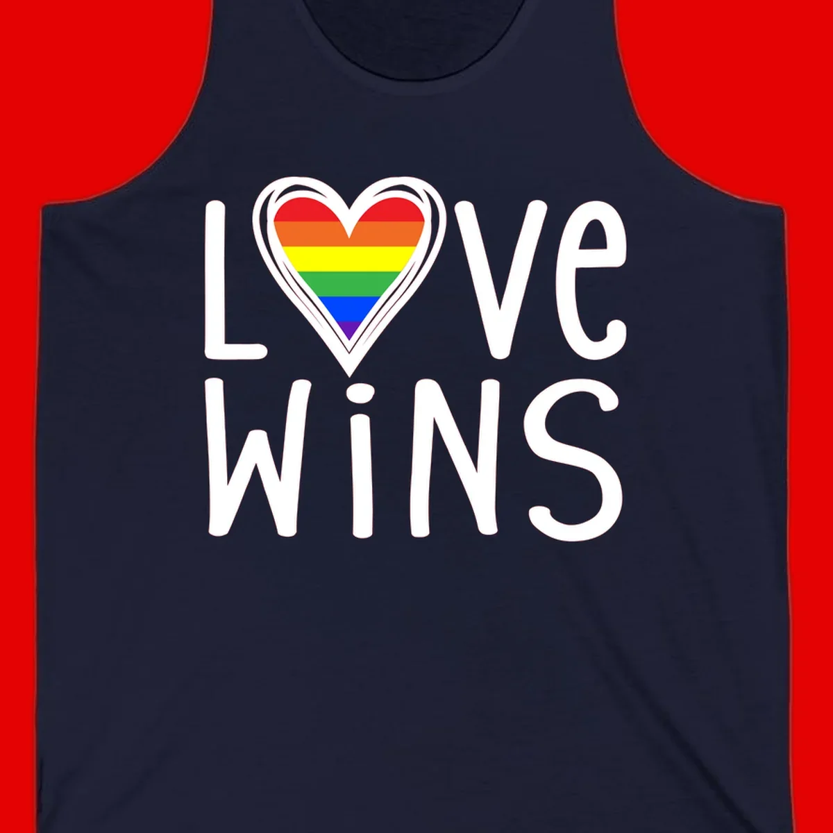 Love wins rainbow heart design with pride flag colors in white outlined heart shape and text
