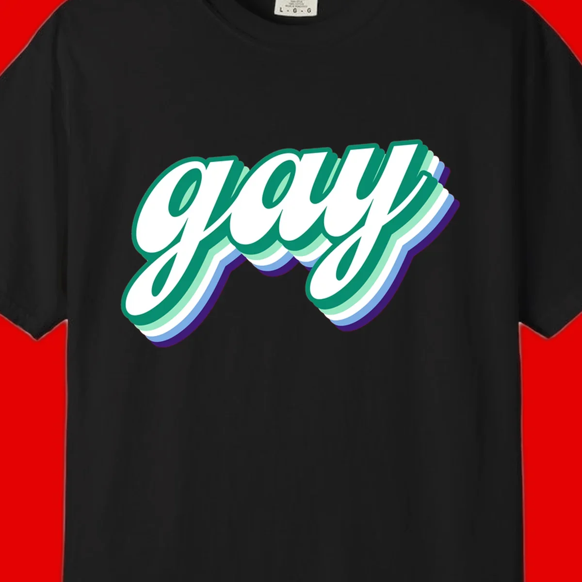 Gay pride layered script design with 3D rainbow color effect in teal, green, blue, and purple
