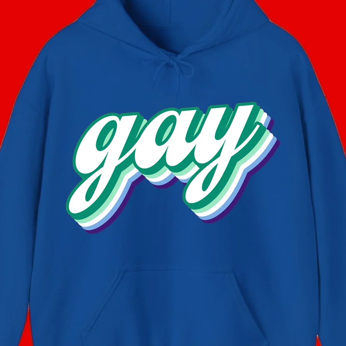 Gay pride layered script design with 3D rainbow color effect in teal, green, blue, and purple